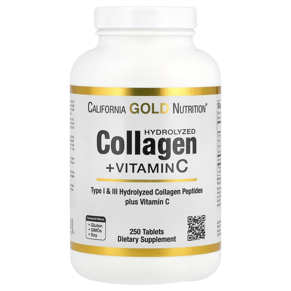 California Gold Nutrition Hydrolyzed Collagen Peptides + Vitamin C Podpora pro vlasy, kůži, nehty, spojky, a kosti - s výhodou typu I & III Collagen Peptides - gluten zdarma, Non- GMO - 250 Tablety