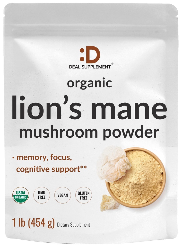 DEAL SUPPLAMENT Organic Lions Mane Houbový prášek dodatek, 1,500mg per Serving, 1lb - Aktivní ovoce tělo & Mycelium Extract - Přírodní mozek nootropní & imunitní systém Booster - Non- GMO