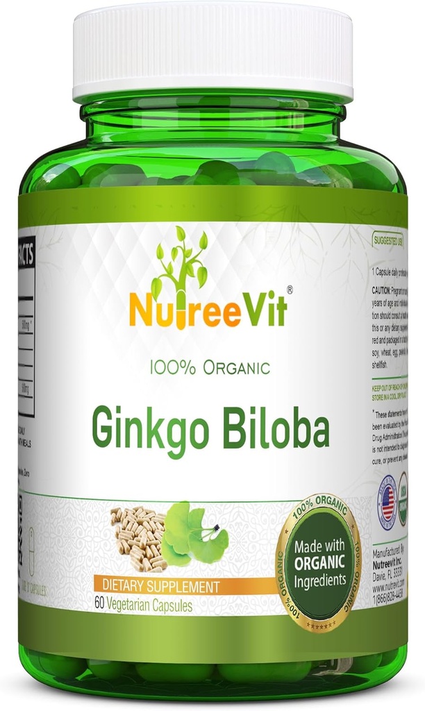 NutreeVit 100% Organic Ginkgo Biloba Kapsle - Podporuje zdraví mozku, duševní bdělost, cirkulace, a zvyšuje paměť - Organic Antioxidant - 100 Počet lahví
