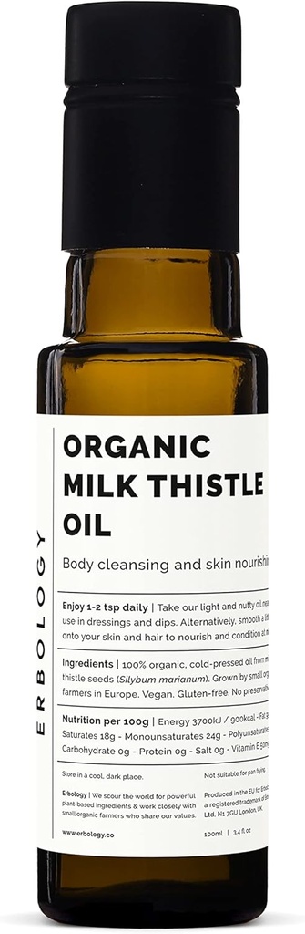Erbology Organic Milk Thistle Oil 3.4 fl oz - Cold- Pressed - High in Vitamin E - Detoxification - Straight from Farm - Non GMO - No Additives or Preservatives - Recyclable Glass Bottle