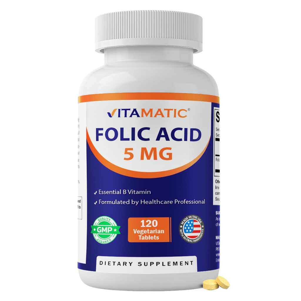 Vitamatická kyselina listová 5mg (5000 mcg) - 120 Vegetariánských tablet s vysokou potencí vitaminu B9 (folát) pro buněčné zdraví, podporu srdce a prenatální péči