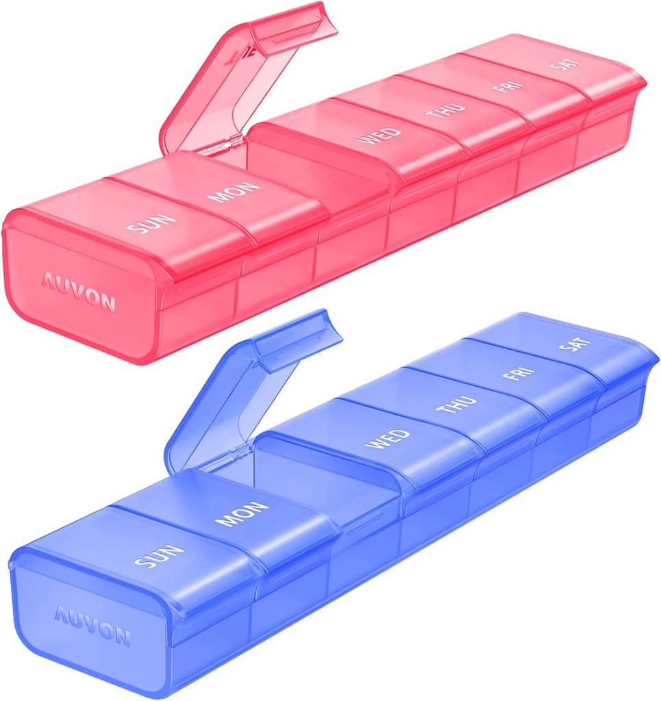 AUVON 2 Balení Týdenní Pořadatel pilulek, Dual- Color Velký Pouzdro pro vícenásobné sledování pilulek, Pill Box 7 Day for Travel, Pill Container for Home Use to Hold vitamíny, doplňky, léky