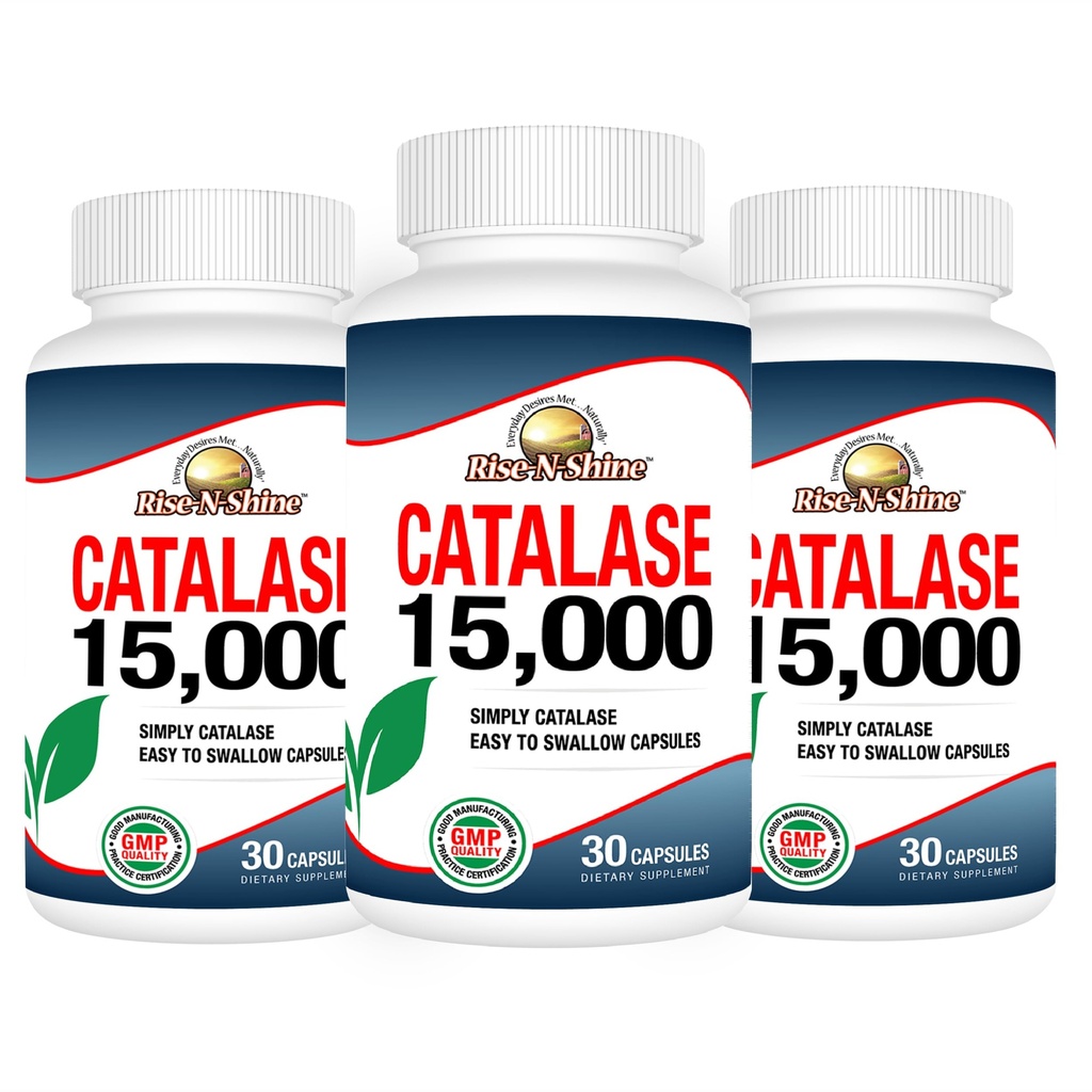 Rise- N-Shine Catalase dodatek 15 000 - Výkonný antioxidační enzym pro zdraví vlasů - Vlasové doplňky pro silné vlasy - 90 Kapsle - Balení 3 plné velikosti lahví (90- Day Supply)