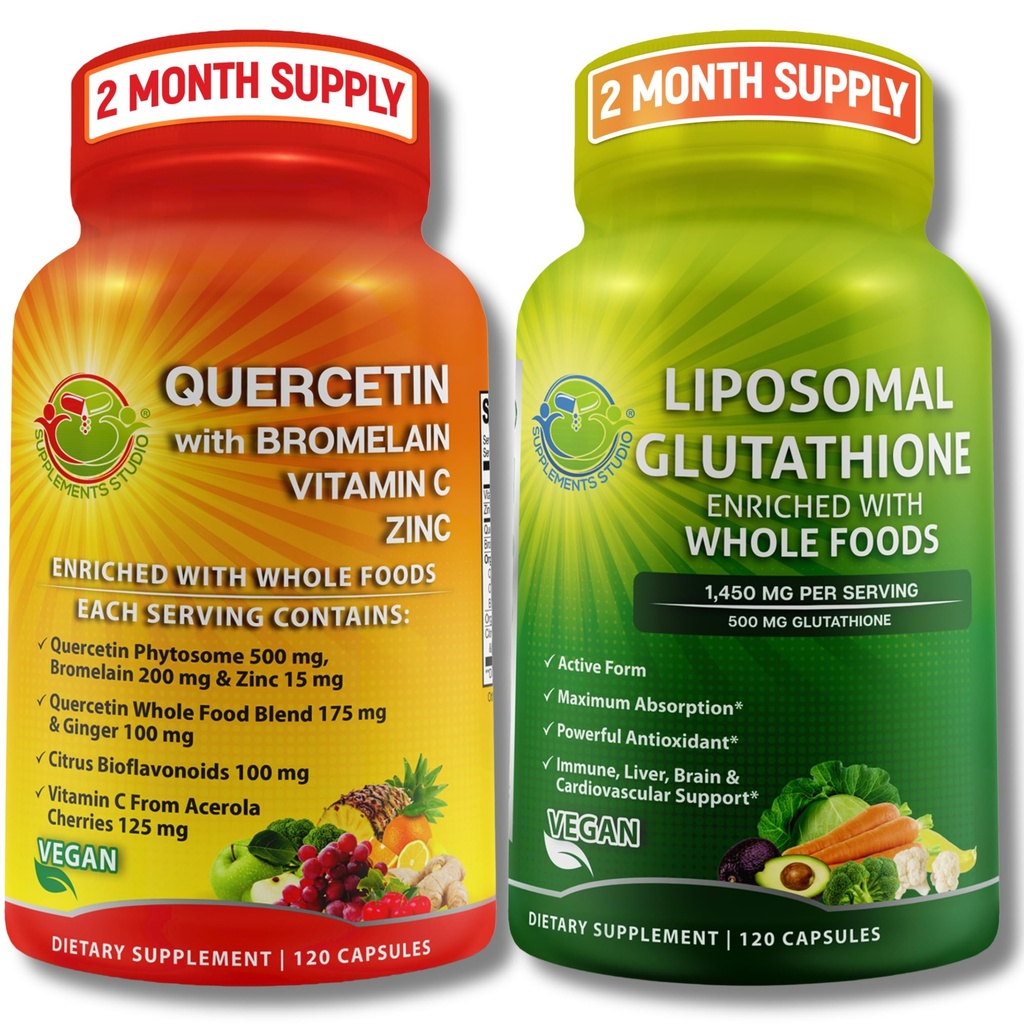 Imunitní a celulární podpůrný balíček - Liposomální Glutathione 500 mg s celou potravinou a Quercetin s bromelainem, vitaminem C a zinečnatým komplexem potravin - Vegan, Non- GMO, Čistá denní wellness podpora