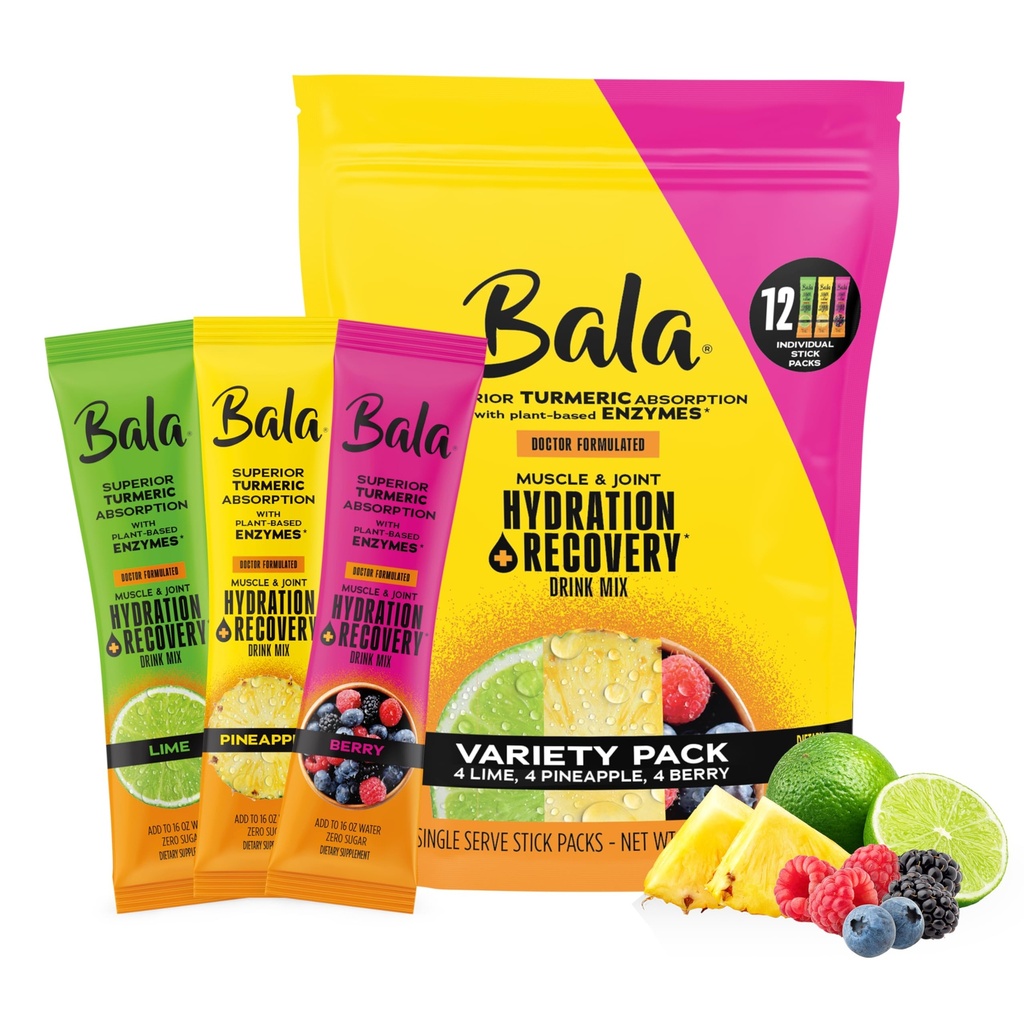 Bala Enzyme Hydration & Sugar- Free Drink Mix - Turmeric, Bromelain, Papain - Imunita, Mobilita - Variety Pack 0.25oz (12 Počet)