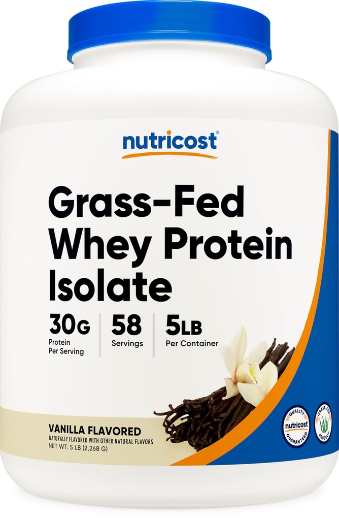 Nutricost Grass- Fed Whey Protein Isolate (Vanilla) 5LBS - Non- GMO, Gluten Free, přírodní aroma