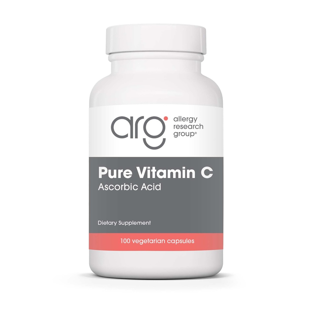 Alergie Výzkumná skupina Čistý vitamín C Dodatek - Ascorbic Acid, 1000mg Organic Vitamin C, Vysoká potence, Nepufrované, Mírná kyselost, Vegetariánské kapsle - 100 Počet