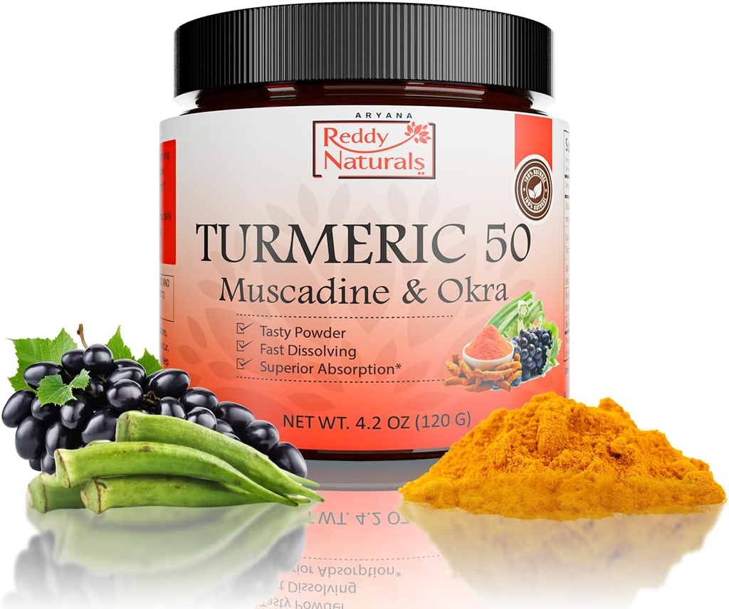 Reddy Naturals Aryana Turmeric 50 - Organic Turmeric Supplement Powder with Muscadine Grape & Okra - Fast- Diseting, Plant- Based Formule pro denní wellness - 30 Servings