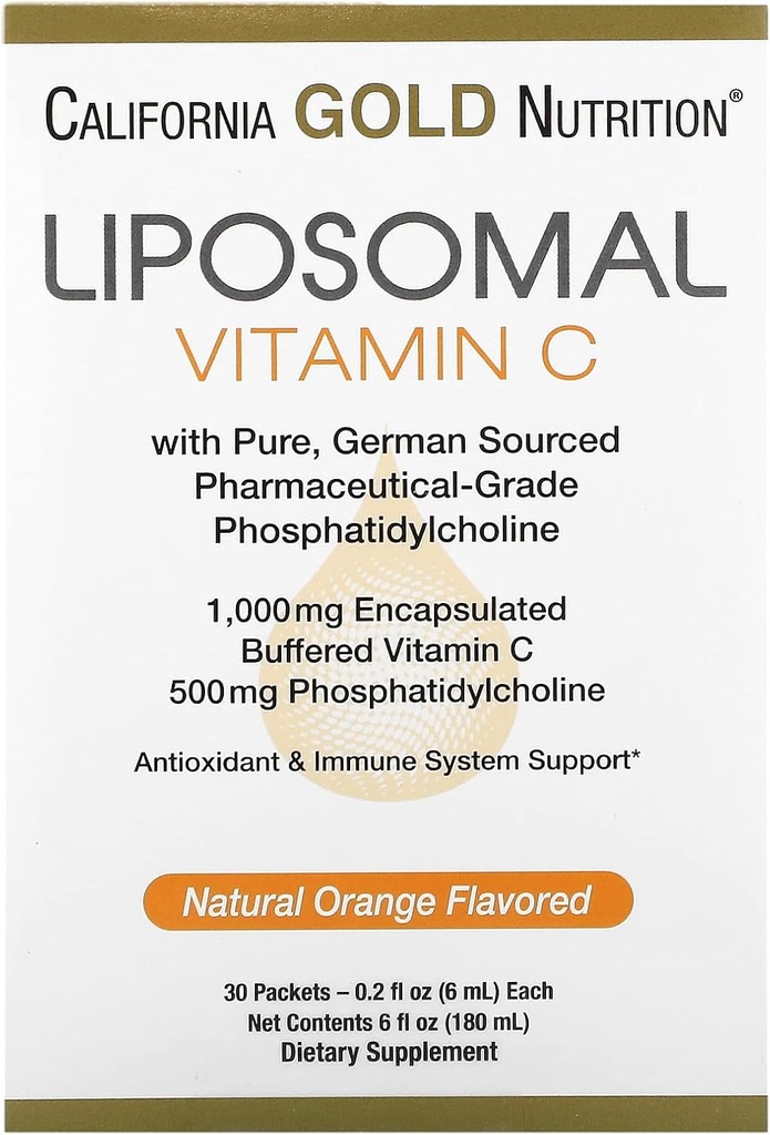 Lipozomální vitamín C od California Gold Nutrition - Tekutý dodatek pro antioxidant & imunitní podporu - Vegan Friendly - Gluten Free, Non- GMO - 1000 mg - 30 Packets - Natural Orange Flavor