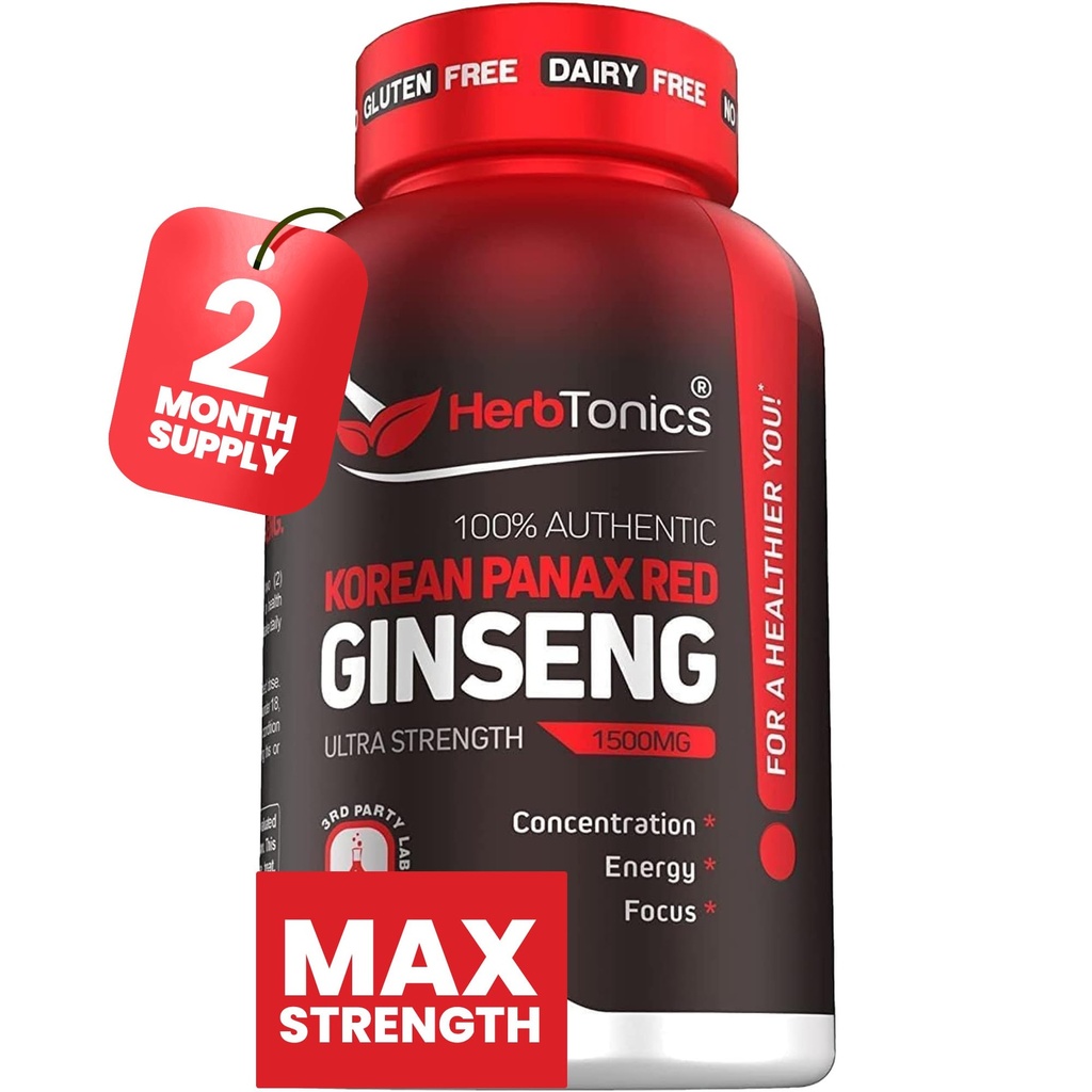Herbtonics Korean Red Panax Ginseng 1500mg - Energetický dodatek pro špičkový výkon, Focus & Vitality - Vysoký potenciál Ginseng Root Extract - 120 Vegan Kapsle