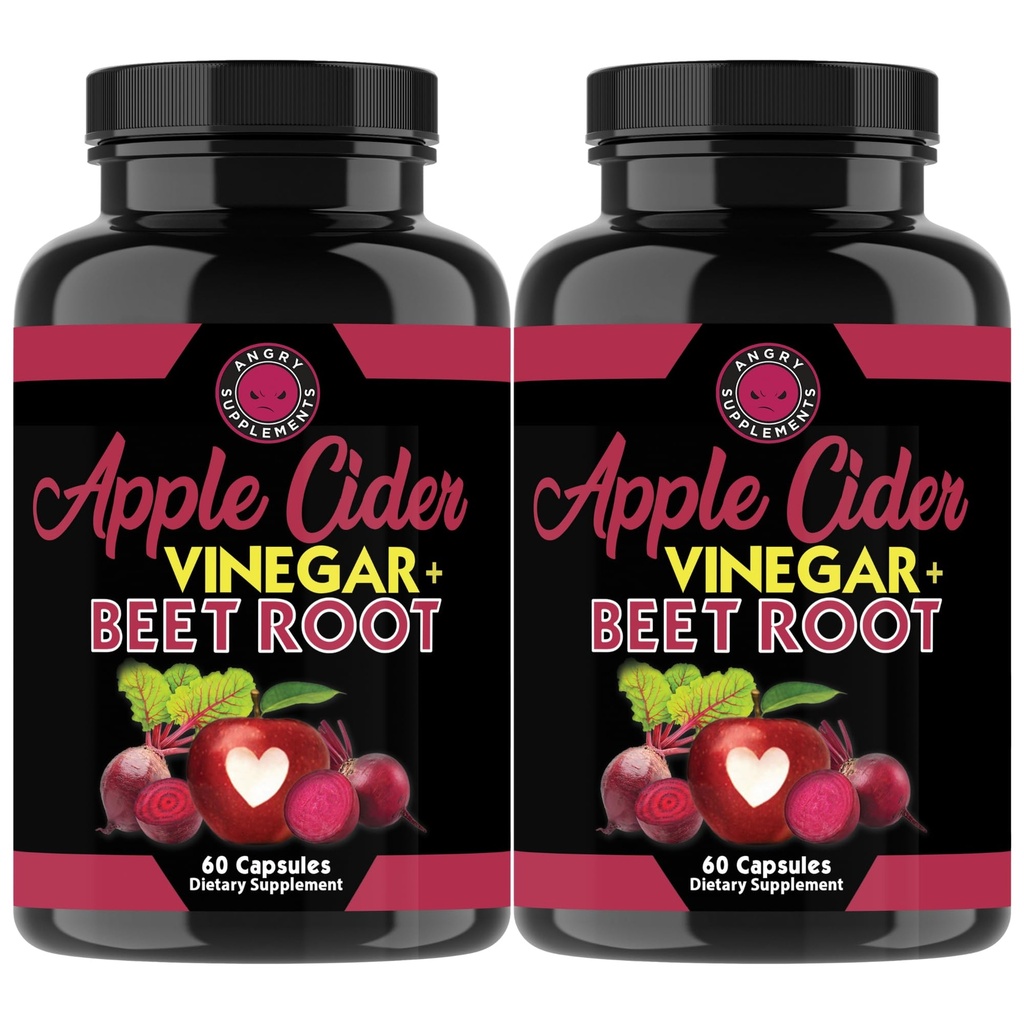 Rozzlobené doplňky Apple Cider Ocet + Beet Root Powder Kapsle, Čisté ACV Beetroot 1000mg na Serving, Oxid dusičný Booster & Digestivní zdraví pro muže a ženy 60ct, 2 balení (120ct Celkem)