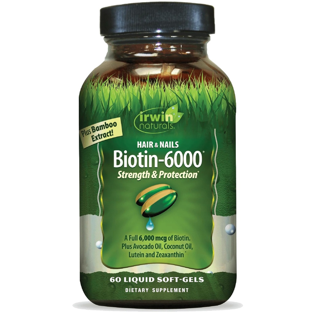 Irwin Naturals Biotin- 6000 Podporuje zdravou pleť, vlasy a nehty - 60 Tekuté ponožky - Síla + ochrana s vysokou potencí 6000 mcg, Bamboo, Avocado, kokos & Více - Maximální absorpce