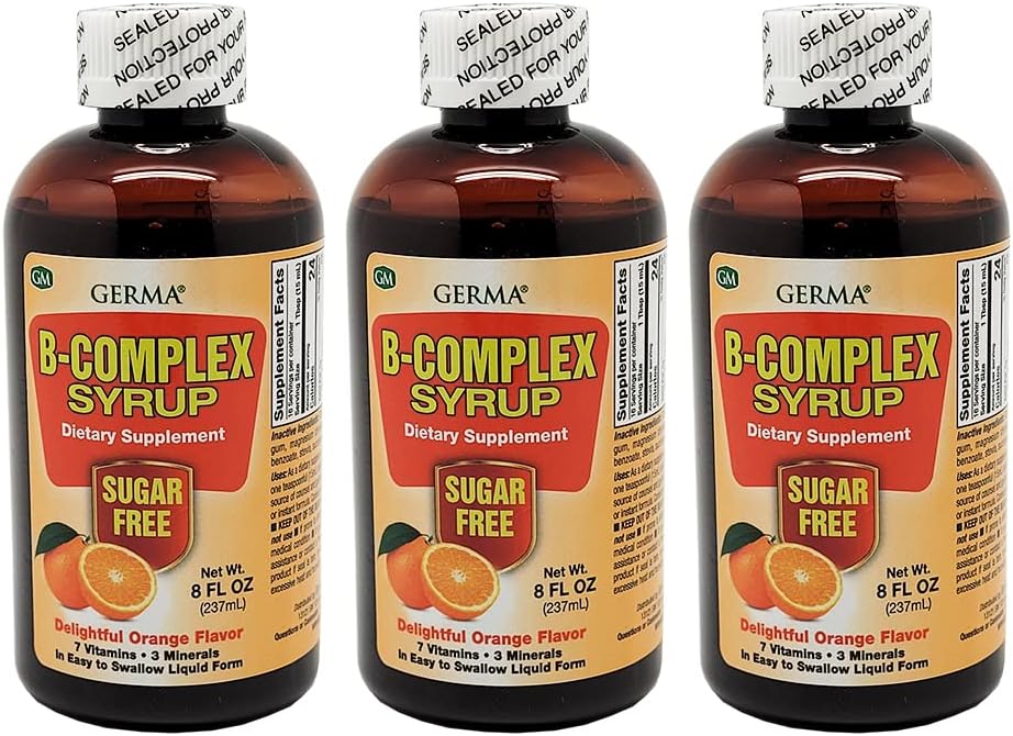 Germa B-Complex Syrup. Dietní dodatek. Kostní zdraví, růst a rozvoj pomoc. Cukr zdarma. Orange Flavor. 8 oz. Balení po 3 ks