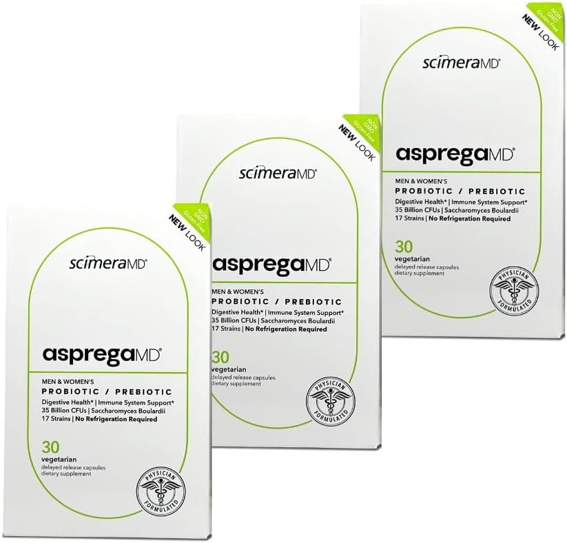 Asprega 30CT - Probiotický + Prebiotický dodatek 124; 17 Strains, 35 Miliardy CFU 124; Zpožděná verze 124; Saccharomyces Boulardi 124; pro muže a ženy 124; podle ScimeraMD, 3-Pack