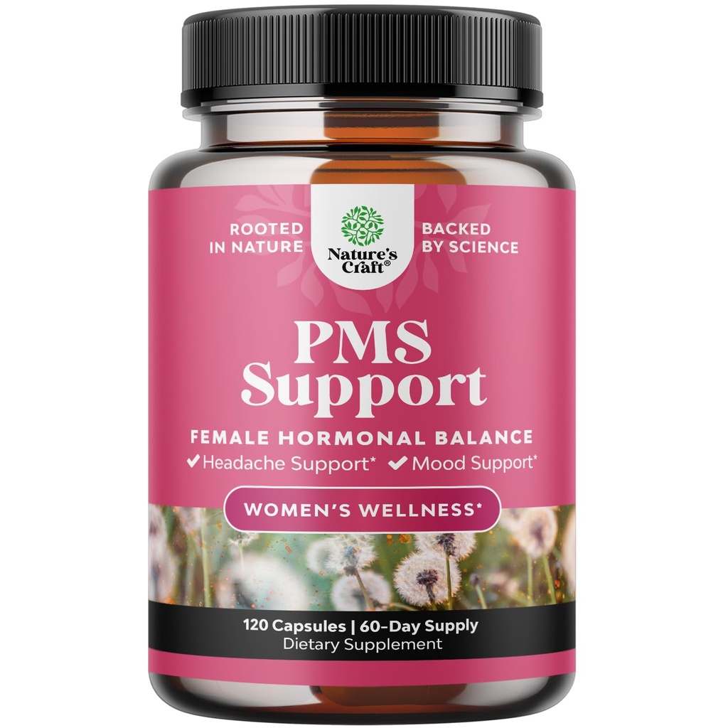 PMS Support Supplement pro ženy - Hormonální rovnováha pro ženy a menstruační diskomfort s DIM, Chasteberry, Black Cohosh & Ashwagandha - pro období křeče Ease, Menopauza Bloating, Mood Swing - 120 Ct