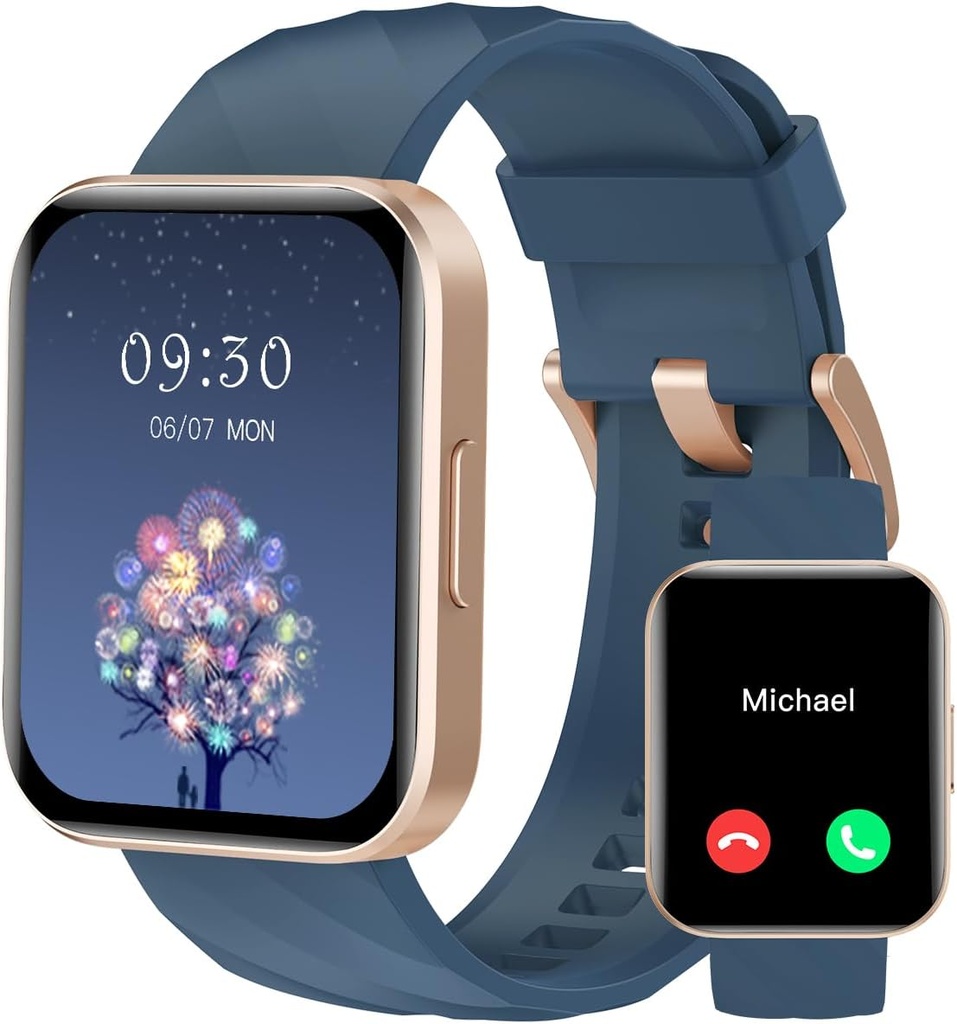 RUIMEN Smart Hodinky pro ženy muže (Odpověď / Make volání) Kompatibilní s iPhone / Android telefony, 1.85 "HD Screen Fitness Tracker Heart Rate Monitor 100 + Sports Tracker Watch Vodotěsné (Blue)