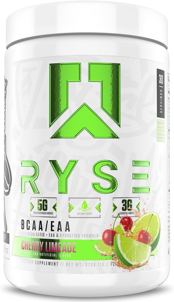 RYSE BCAA EAA Powder - Cherry Limeade - 5g Aminokyseliny s rozvětveným řetězcem, 3g esenciální aminos, Sugar- Free Electrolytes for Pre & Post Workout Muscle Recovery, Hydratace a síla - 30 Servings