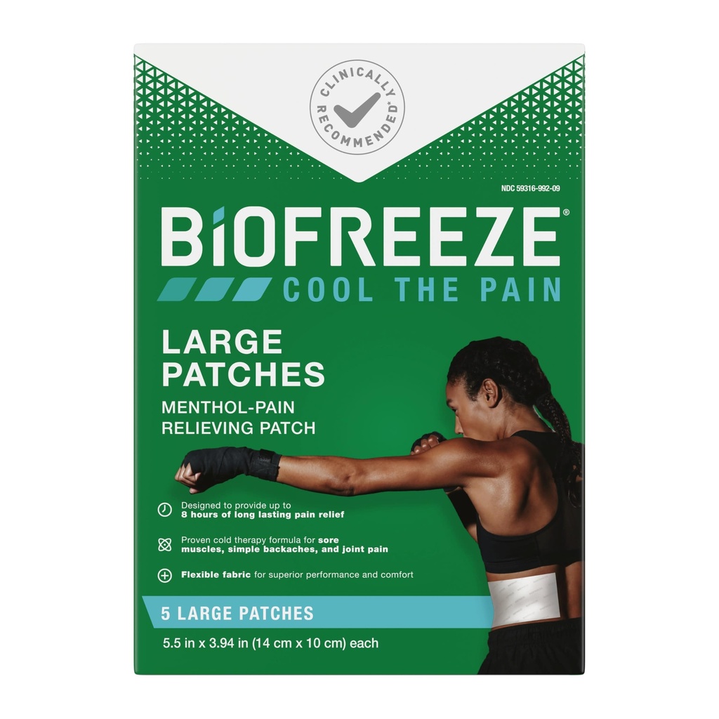 Biofreeze Large Pain Relief Patches, Menthol Pain Patches for Lower Back, Neck, Knee, & Ramender, Comfortable & Flexible Fabric Stays in Place, FSA Required, 5 ct