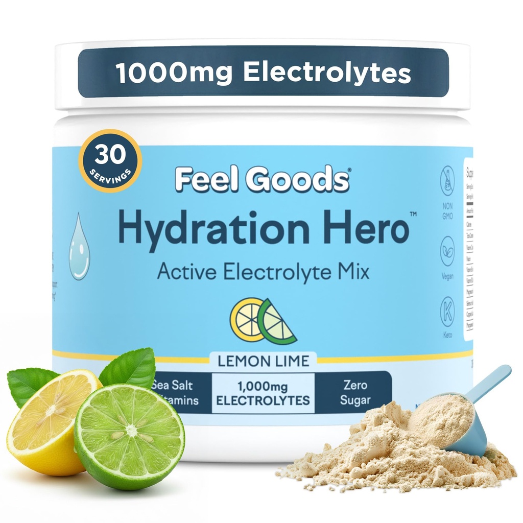 Feel Goods Hydration Hero, 1,000mg Electrolytes Powder, Sugar Free, Magnesium, Organic Aloe Vera, Organic Aloe, L Theanine, Vitamin C & B12, Non GMO, Keto, Vegan For 124; Lemon Lime, 30 Služeb