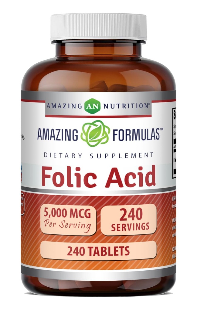 Amazing approvas Folic Acid Dodatek 124; 5000 Mcg Acid 124; Tablety 124; Non-GMO Acid 124; Gluten Free Acid 124; Made in USA (240 Počet)