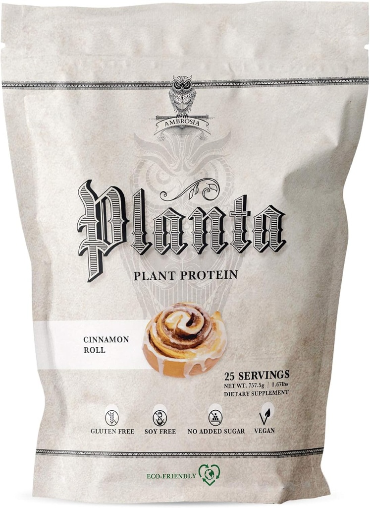 Ambrosia Planta - Premium Plant- based Protein current 124; Vegan & Keto Friendly currency currency 124; Gourmet Flavors with No Floating or Stomach Upset current 124; Gluten & Soy Free current 124; No Add Sugar current 124; 25 Servings currency 124; Cinnamon Roll