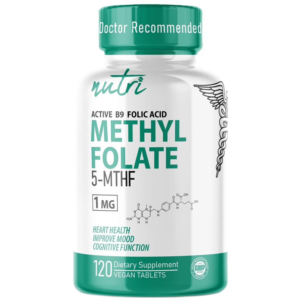 Nutri 5-MTHF L Methylfolát 1MG - 4 měsíční dodávky, 120 Vegan Tablety - Methylovaný doplněk folátu - Cognitive Function, Heart Health, Prenatal Support - 3. strana testována - NSF Certified Facility