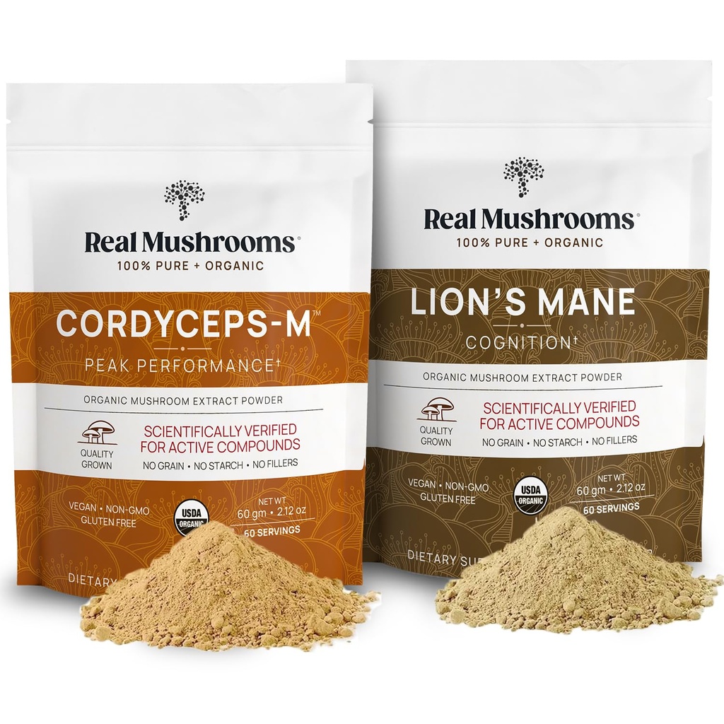 Lions Mane (60g) a Cordyceps (60g) Houbový extrakt Powder Bundle - Houbový dodatek pro kognici, energii a endurance