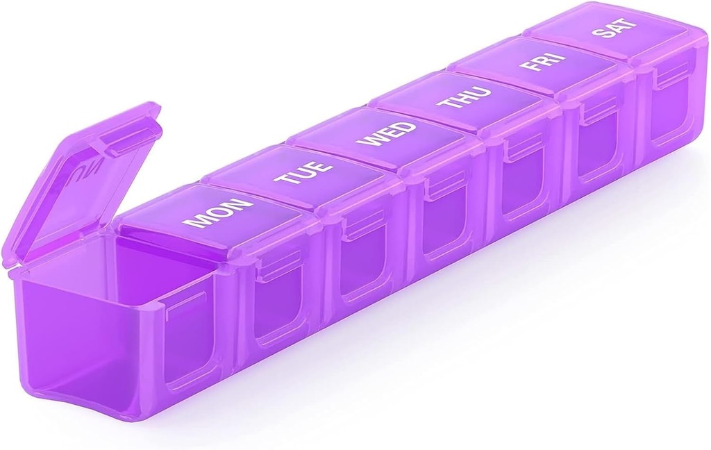 Sukuos Extra Velké týdenní Pill Pořadatel, 7 Daily Pill Box Pouzdro Artritis Friendly, Tisková tiskárna Kontejner s čirým lidem pro vitaminy, rybí oleje nebo doplňky (Purple)