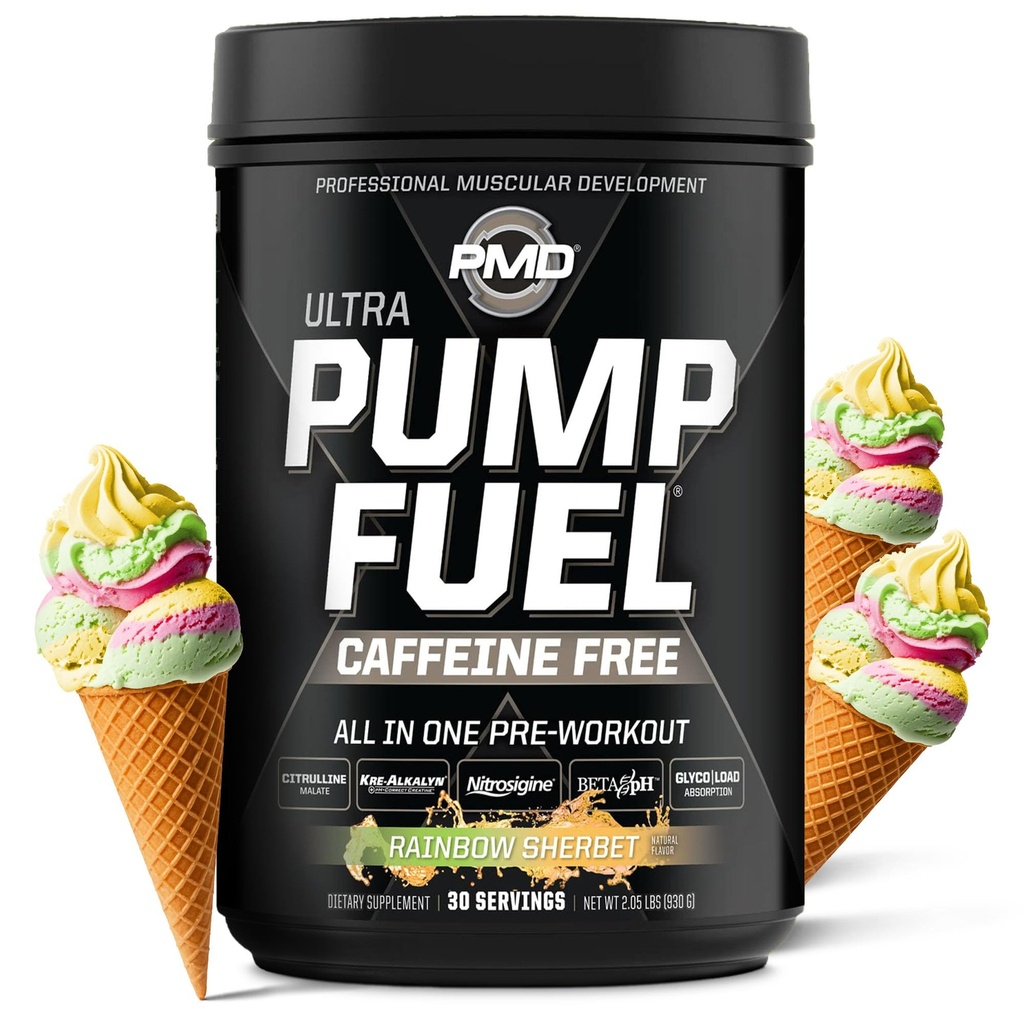 PMD sportovní čerpadlo Palivo Ultra Caffeine Free - Premium Pre Workout Powder & Muscle Pump, Větší zaměření, Vytrvalost & Recovery, Premium Creatin, Arginin & Beta Alanin - Rainbow Sherbet (30 Služeb)