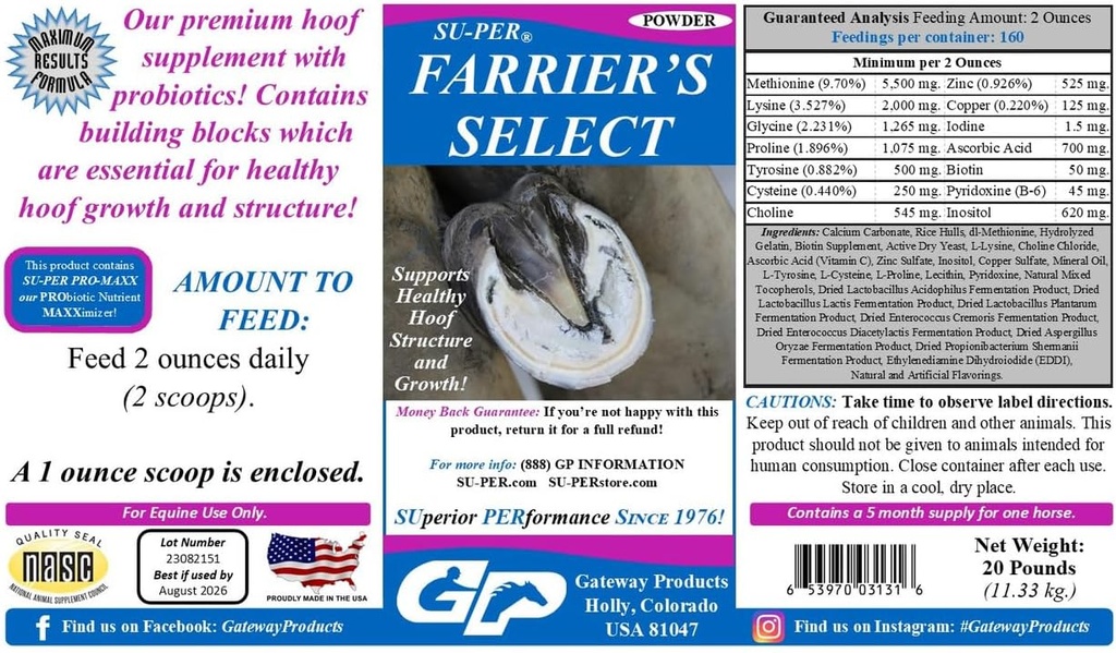 Su-PER Farrier je Select Hoof Doplněk - Horse Premium Hoof Care Dodatek s Probiotika - Zdravý růst kopyt - 20 liber, 5 Měsíční dodávka