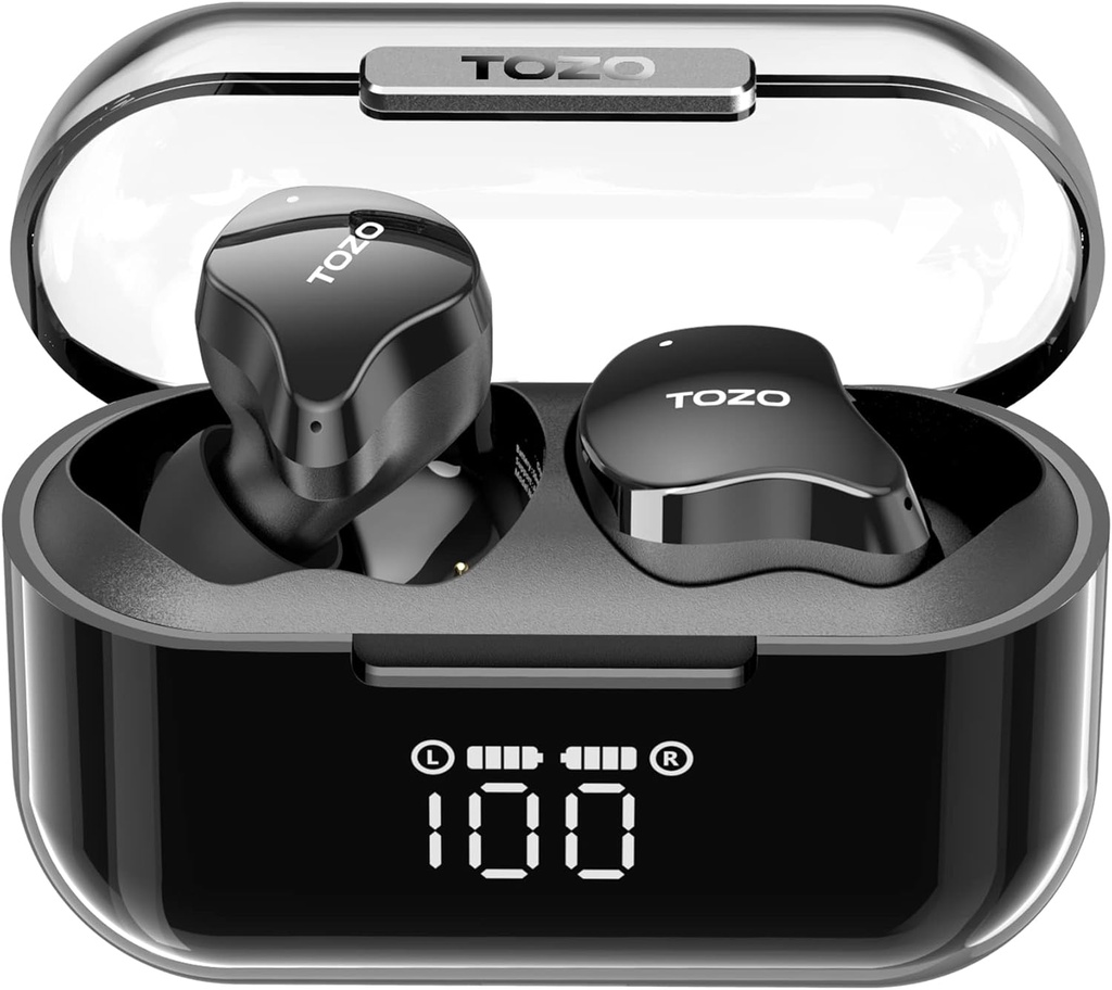 TOZO T18 Bezdrátové sluchátka Bluetooth sluchátka 5.3, IPX8 vodotěsné ušní budky, 4 Mic Clear Call Long Play Time s LED digitální displej nabíjecí pouzdro, Stereo Bass Sound 32 Vlastní EQ přes APP