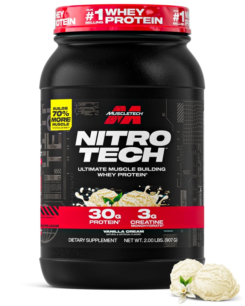 Muscletech Whey Protein Powder (Vanilla Cream, 2.2 Pound) - Nitro- Tech Ultimate Muscle Building Formule with Syney Protein Isolate - 30g proteinu, 3g Creatin & 6.8g BCAA - Balení May Vars