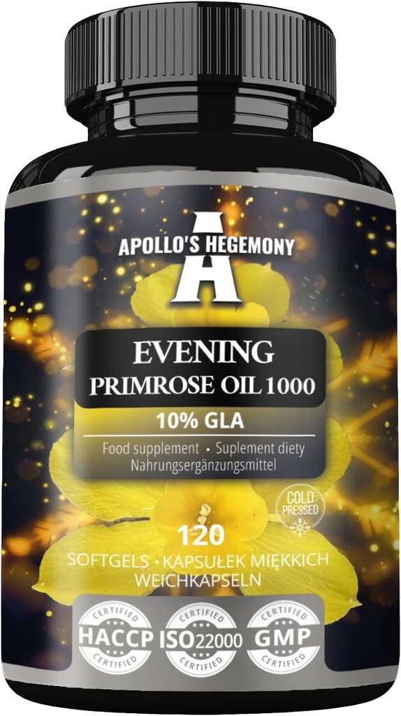 APOLLO 'S HEGEMONY Večerní Primrose Oil 1000 mg s vitaminem E - Obsahuje 100 mg kyseliny GLA - 120 Softgel Kapsle - 4 měsíce Dodávka - dodatek stravy na podporu hormonální rovnováhy a zdraví kůže