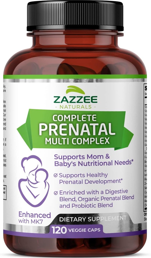 Zazzee Extra Strength Kompletní Prenatal Multi Complex, 120 Vegan Kapsle, 2 Měsíční Dodávka, 23 Essential Vitamíny & Minerály, MK7, 10 miliard CFU Probiotika, Prenatal Enzymy, Organic Herbal Blend
