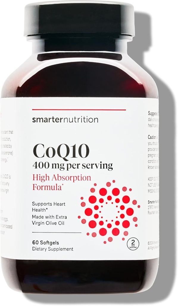 SMARTERNITION CoQ10 400 mg Vysoká absorpce - Přirozeně fermentovaný Ubiquinon w / Organic Cold- Pressed Olive Oil - for Heart Health, Cellular Energy - Non- GMO, gluten Free - 60 Počet [30- Day Supply]