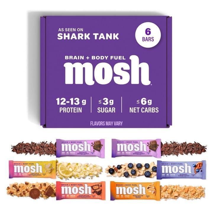 MOSH Variety Pack Keto Protein Bary, High Fiber, Low Carb, gluten Free, High Protein, Brain Zdravý Snack s Ashwagandha, Lví hříva, 6 Počet