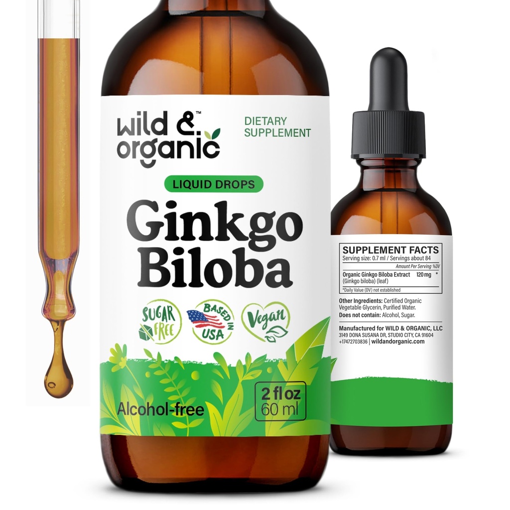 Wild & Organic Ginkgo Biloba Tinkture - Brain & Focus Support with Ginkgo Leaf Supplement - Vegan, Sugar & Alcohol- Free Herbal Extract Tincture - 2 fl oz