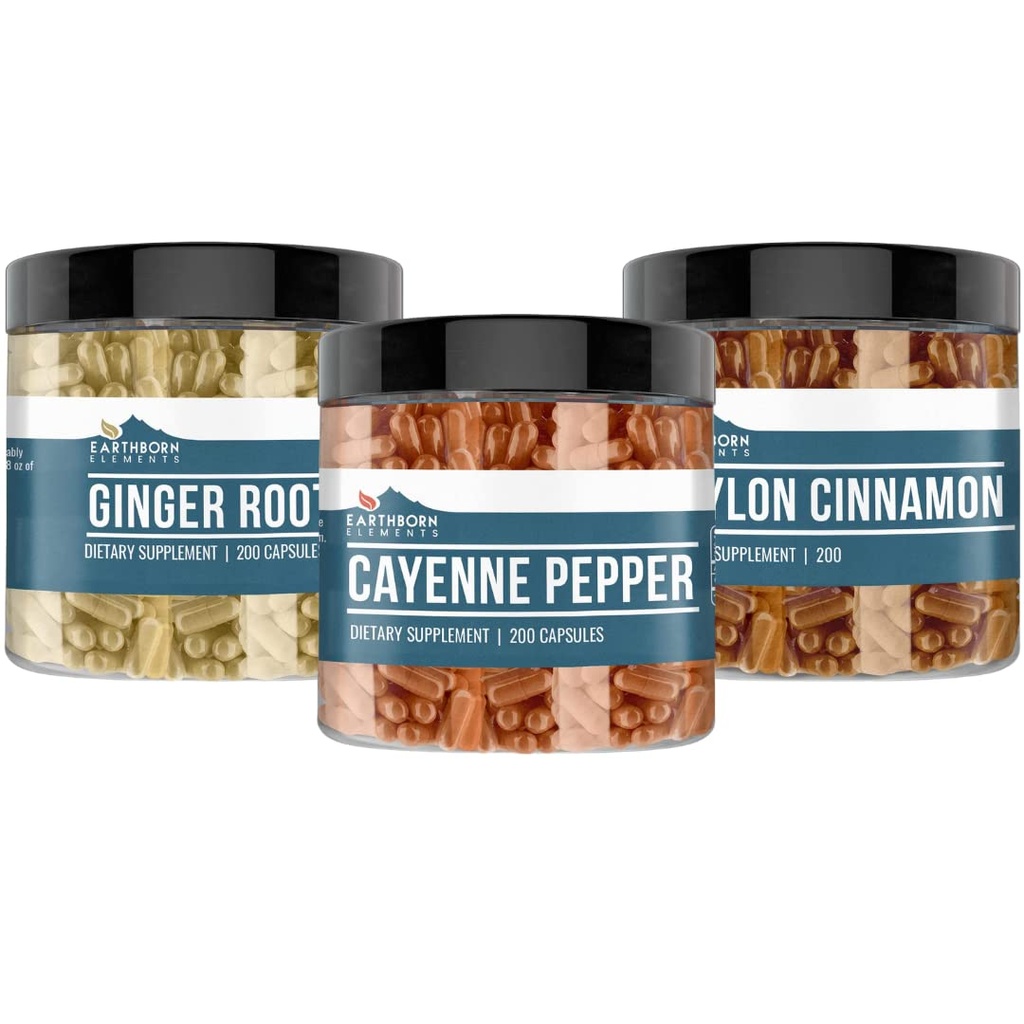 Pozemské prvky Cayenne Pepper, Ceylon Cinnamon & Ginger Root Bundle (200 Kapsle každý), čisté a neředěné, Žádné přísady