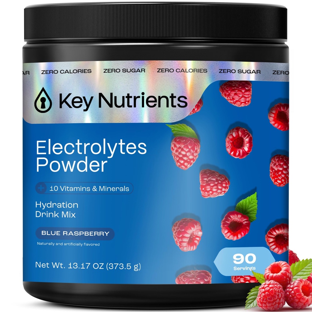 KEY NUTRIENTY Multivitamin Electrolytes Powder No Sugar - Sweet Blue Raspberry Electrolyte Powder - Endurance & Energy Supplement - Hydration Powder - No Calories - 90 Servings - Made in USA