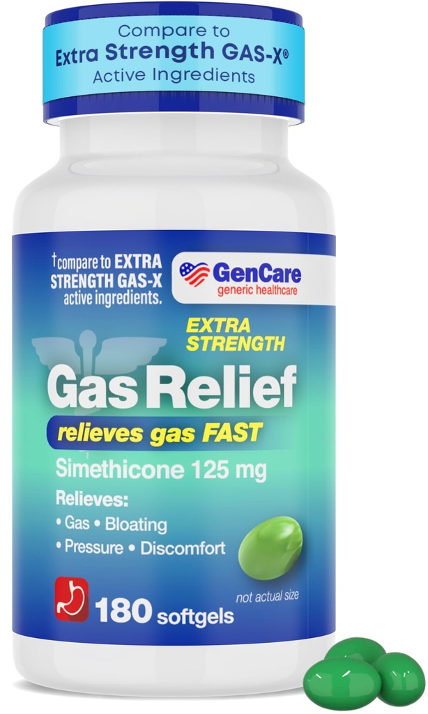 GenCare - Extra Strength Gas Relief Simethicone 125mg (180 Softgels) Maximální síla proti plynu pilulky pro nadýmání úlevy, tlak a discomform - Porovnejte s generickým Extra Strength Gas X