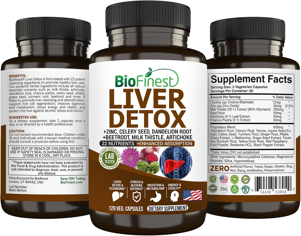 BioFinest Játra Detox dodatek - 22 Nutrients Milk Thistle Artichode Celer Seed Chanca Piedra Beet Root Dandelion Turmeric Ginger - Vyčištění alkoholu Energie Digestion Metabolismus (120 Veg. Kapsle)