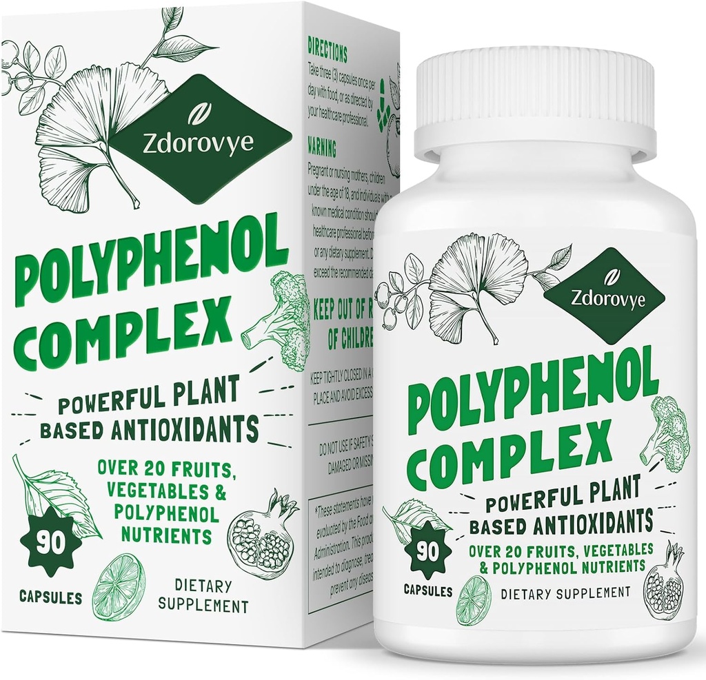 20-in-1 Polyfenoly Dodatek nad 20 Ovoce, Zelenina & Polyfenoly, Výkonné antioxidanty, Quercetin, Resveratrol, Kurkuma, Zelený čaj, Polyfenoly pro věkovou obranu, Energie & Imunita, 90 Kapsle