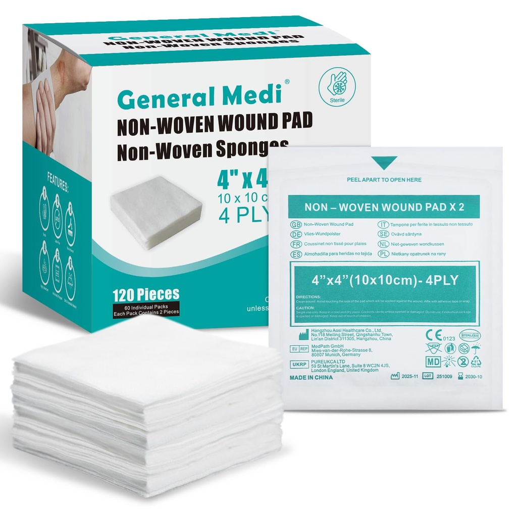 General Medi Sterile Gauze Sponges, 4 "x 4" Non- Tfined Wound Pads - Individuálně zabalené vysoce absorbentní Sponges Pads pro Cushioning Minor Wounds, Cuts & Burns Wound Care (60 balení, 120 kusů celkem)