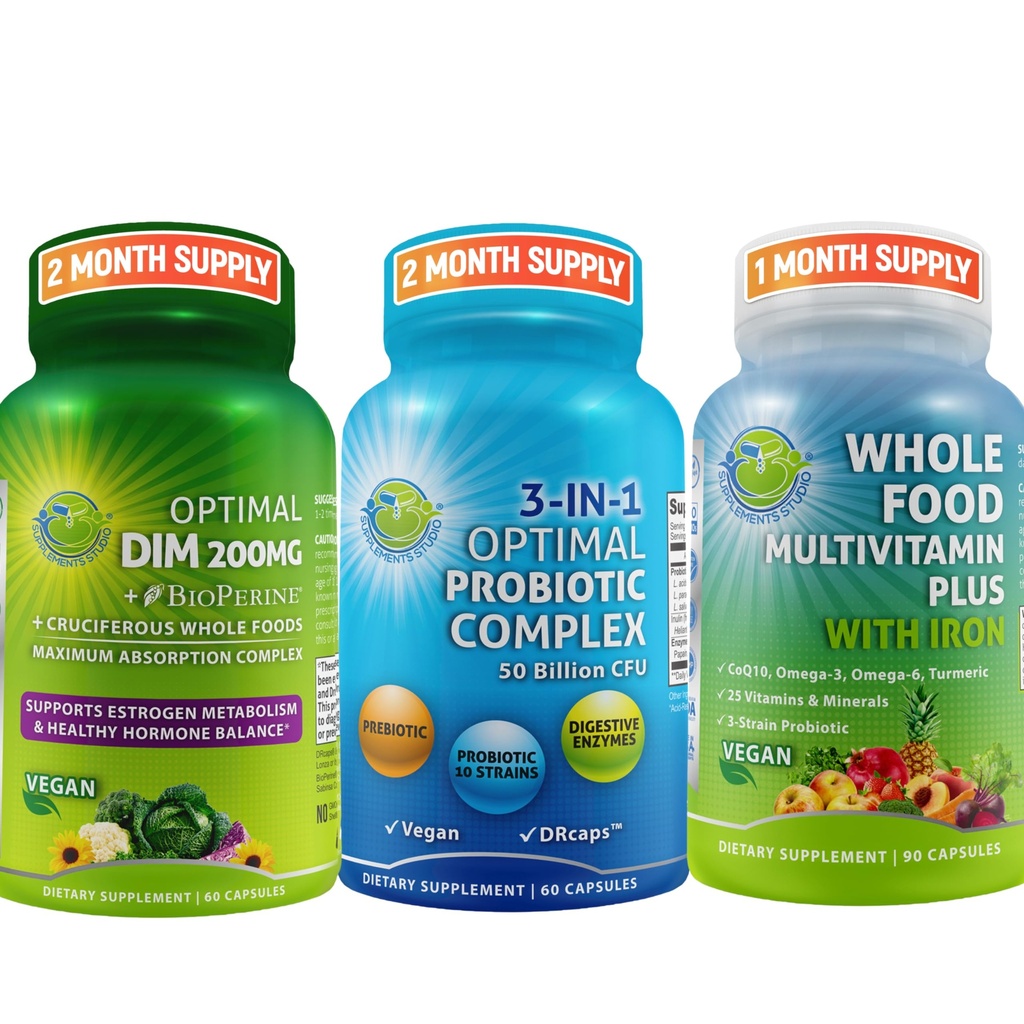 Hormonální rovnováha a stravitelné zdraví Trio - DIM 200mg s BioPerine ® & Crucious Veggies + 3- in-1 Probiotic s prebiotickými a enzymy + Celým jídlem Multivitamin s železem - Vegan Wellness Support
