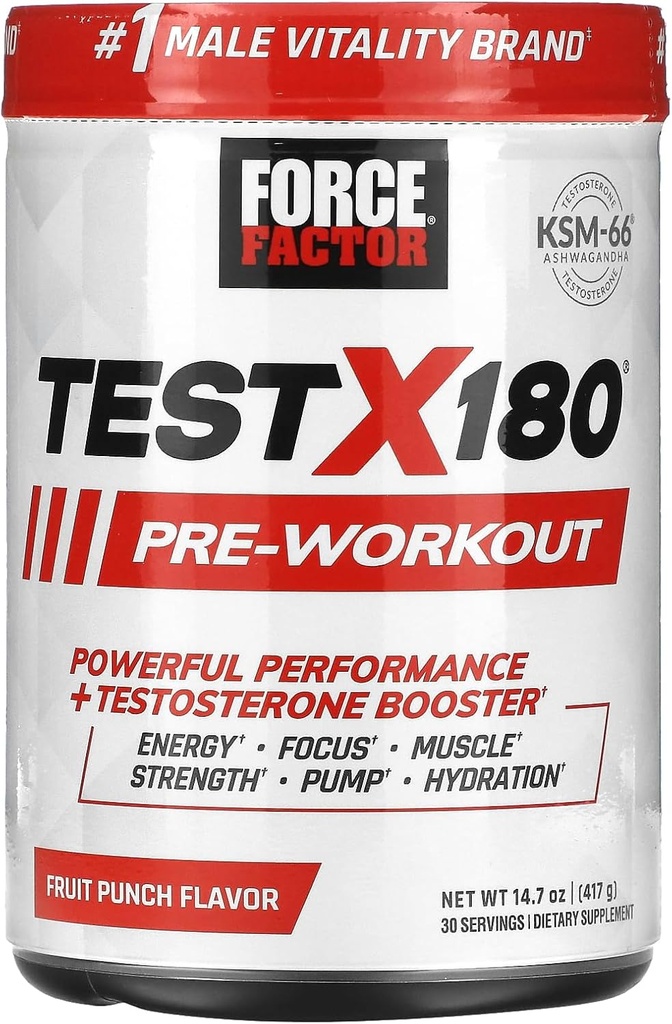 FORCE FACTOR Test X180 Předcvičení Powder & Energy Dodatek, Zvýšit zaměření a vytrvalost, Build Muscle & Strength, Oxid dusnatý dodatek s Ashwagandaha & L-Citrulline, Ovocný punč, 30 Služeb