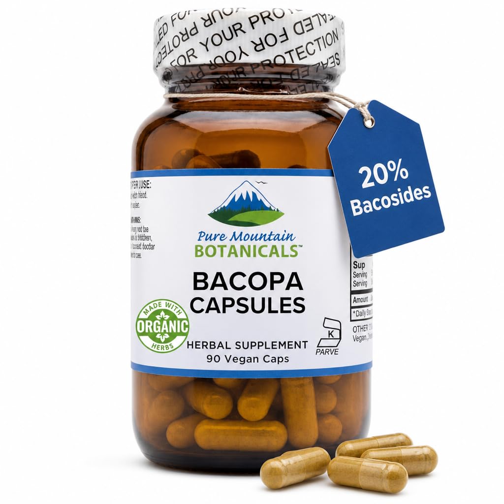 Čisté horské botaniky Bacopa Monnieri Kapsle - Vegan Caps s organickým bacopa & Standardizované Bacopa Extract Dodatek