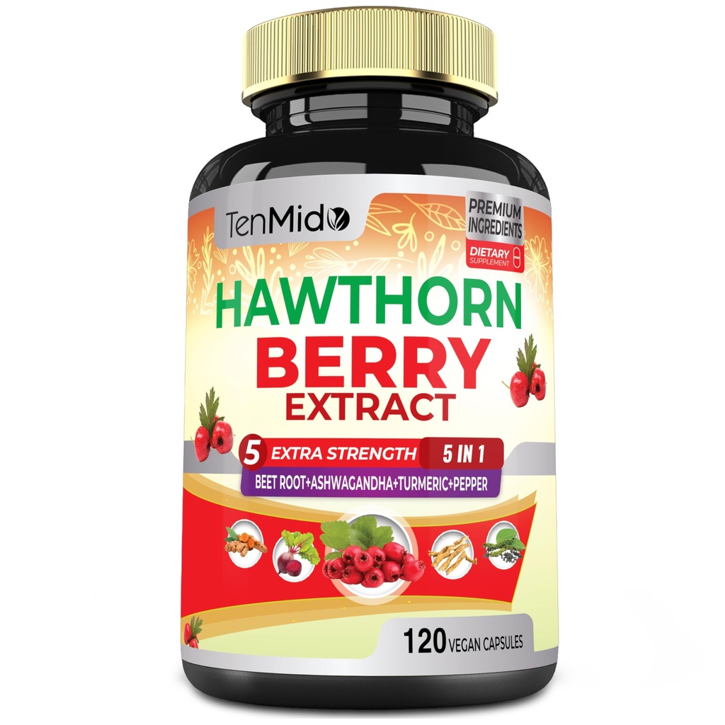Hawthorn Berry dodatek Extract Kapsle - 120 Vegan Kapsle pro 4 měsíce - Kombinovaná řepa kořenová, Ashwagandha, Kurkumin a černý pepř
