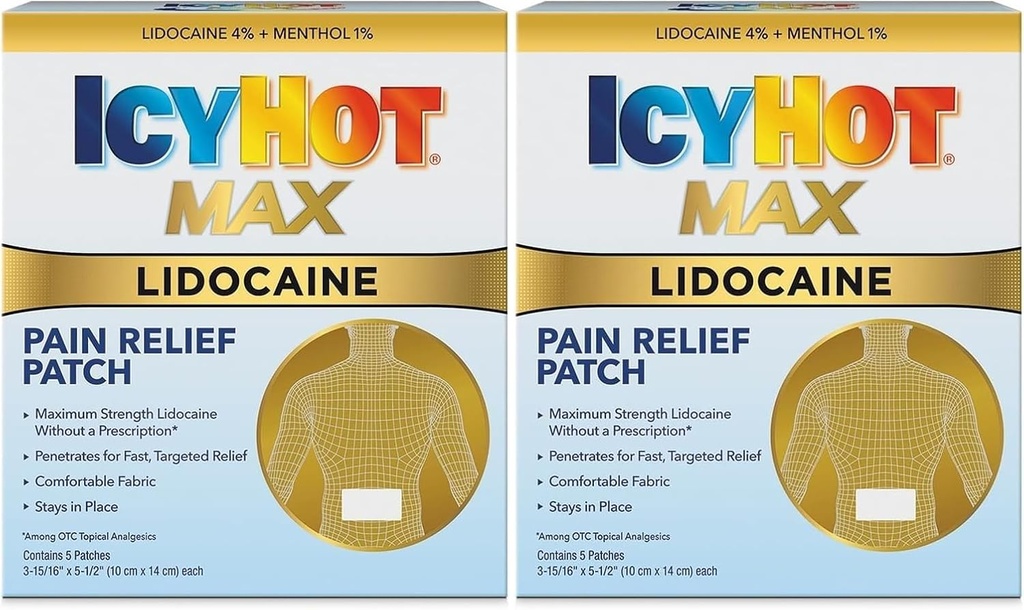 Icy Hot Max Strength Lidokain Pain Relief Patch (5 Počet) Penetrates pro rychlé, cílené úlevy (Balení po 2)