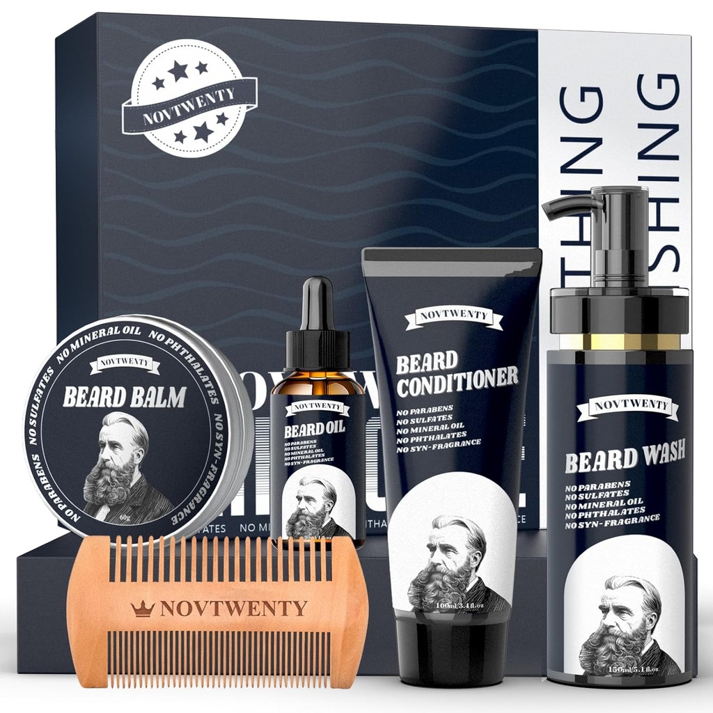 Beard růstová sada - Mobified Men 's Beard Care Kit with Natural Ingredients, Includes Beard Wash, Beard Oil, Beard Conditioner, Beard Balm and Beard Comb, Gift Set for Boyfriend Manžel Otcové