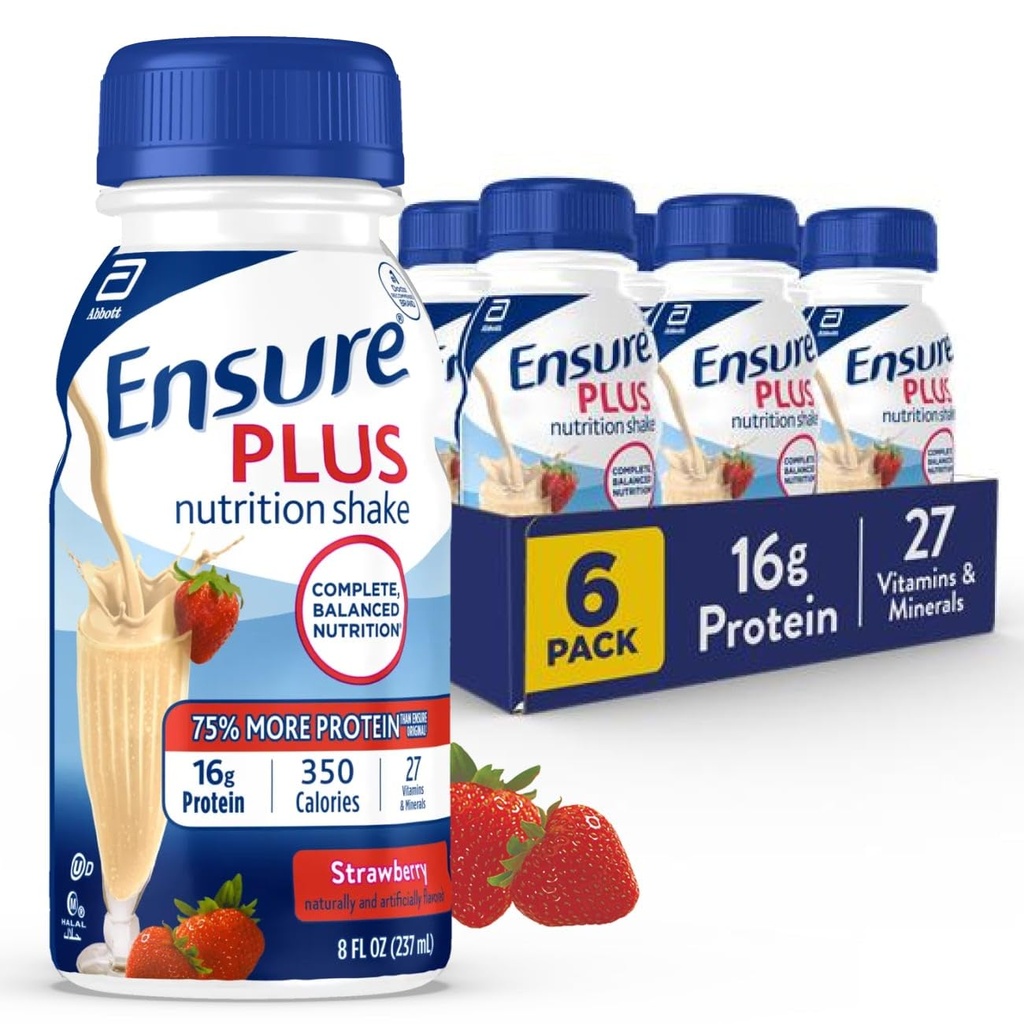 Zajistit Plus Jahodové nutriční Shake 124; Jídelní náhrada Shake 124; Připravený k pití 124; 16g protein a 27 Vitamíny a minerály 124; 8 fl oz - 6 Pack
